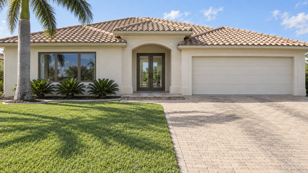 Cream stucco home with a pale tiled roof, arched glass entry, broad paver driveway and lawn shaded by a mature royal palm.