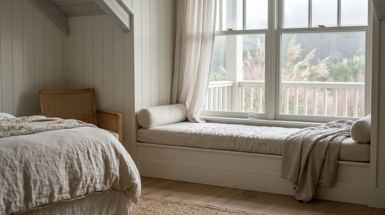 Bedroom window seat beside a linen-covered bed, with a brass latch and grasses beyond the porch railing.