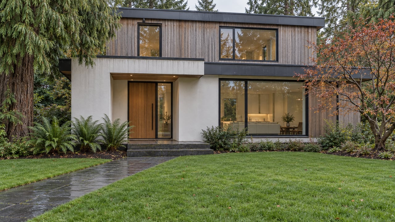 Contemporary cedar home behind a deep rain-damp lawn and basalt approach, with mature evergreen and copper-leaved maple planting.