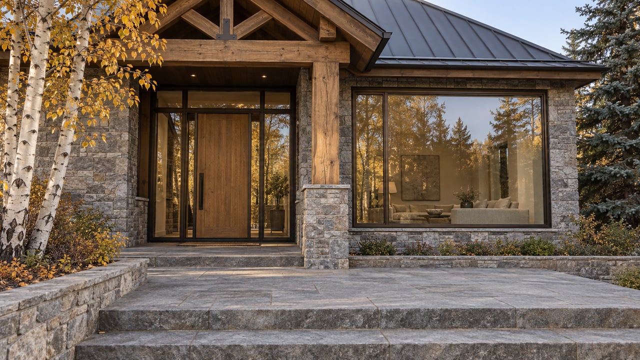 Timber-gabled home entry with gray stone steps, bronze-framed glazing and autumn aspen foliage.