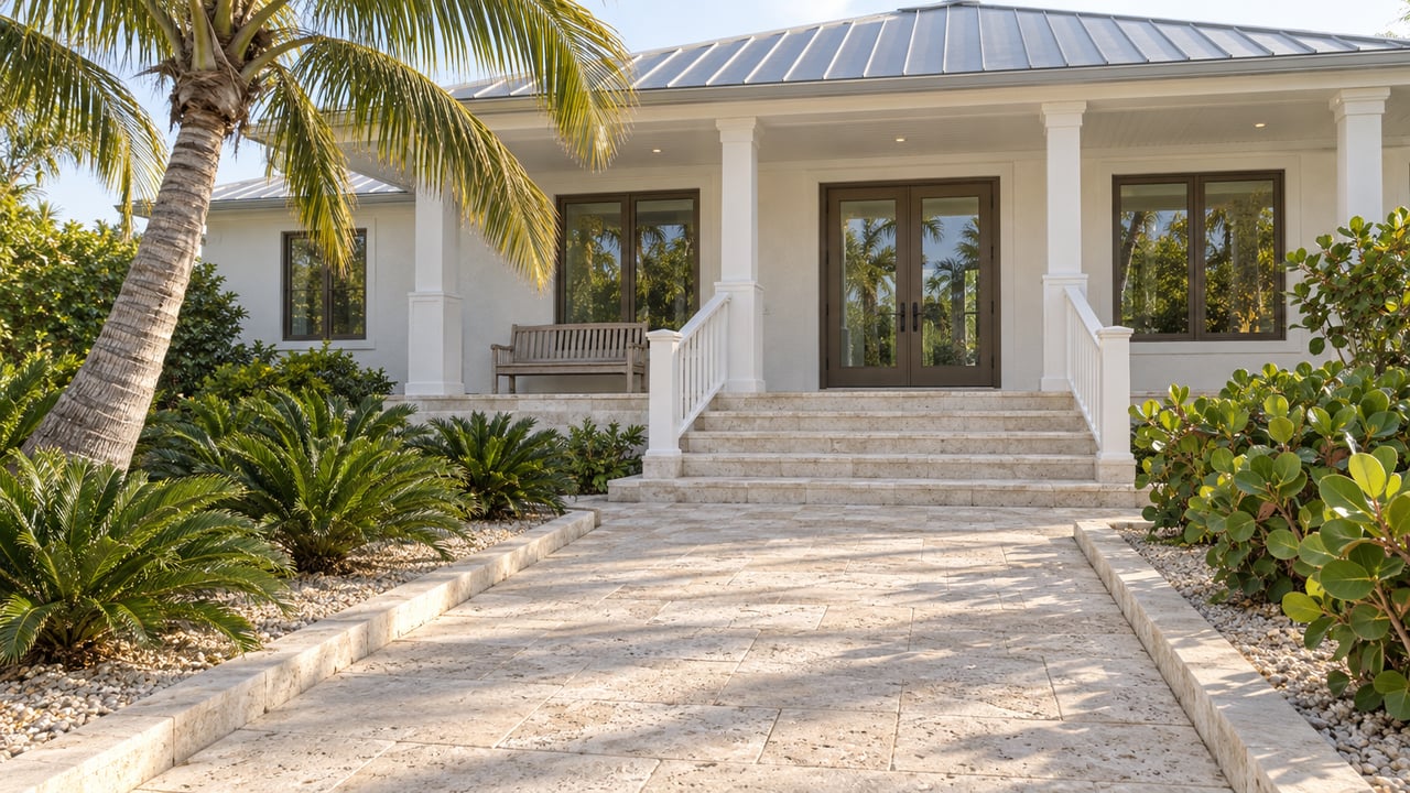 White stucco coastal home with a silver metal roof, raised limestone porch, tropical specimen planting and a deep stone approach.