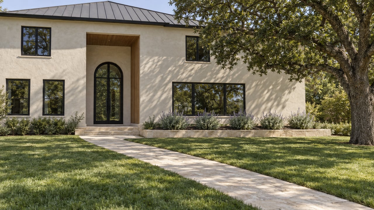Cream two-story home with black-framed glazing, a limestone approach across a deep lawn, and a mature oak shading the garden.