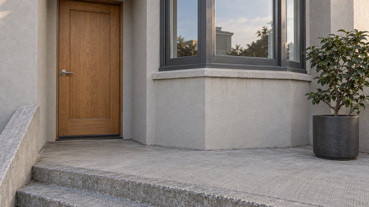 Oak entry door and charcoal-framed bay window above a weathered concrete landing, with one potted camellia.
