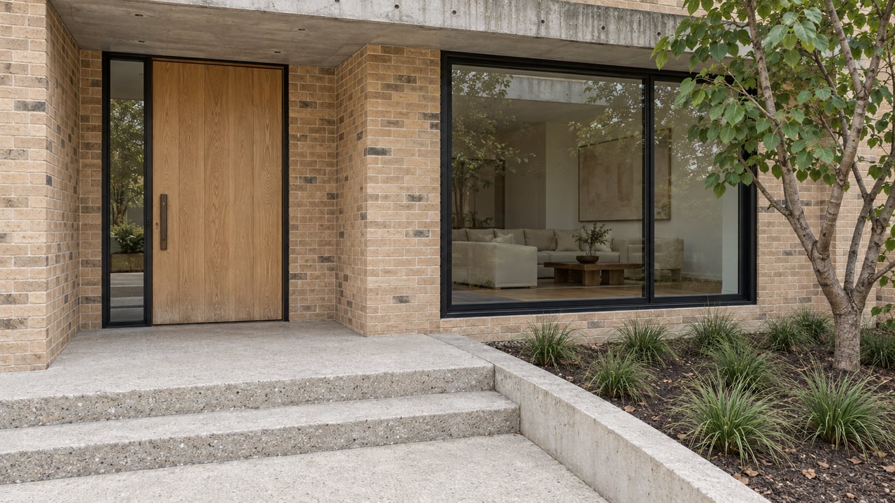 Buff-brick home entrance with a white-oak door, broad window, weathered concrete steps and a carefully planted redbud bed.
