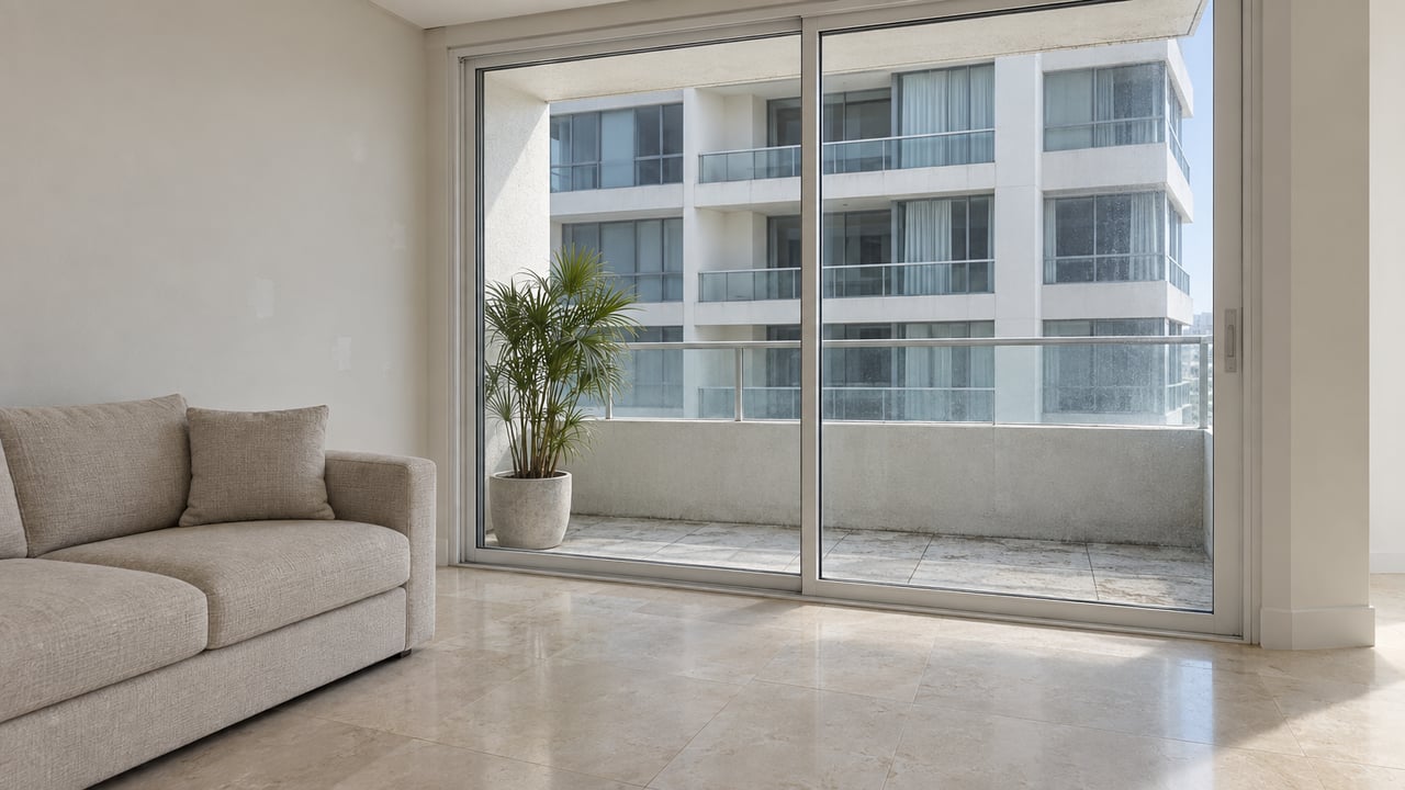 Condominium living room with a low sofa, sliding glass doors, narrow balcony, potted palm, and adjacent tower.