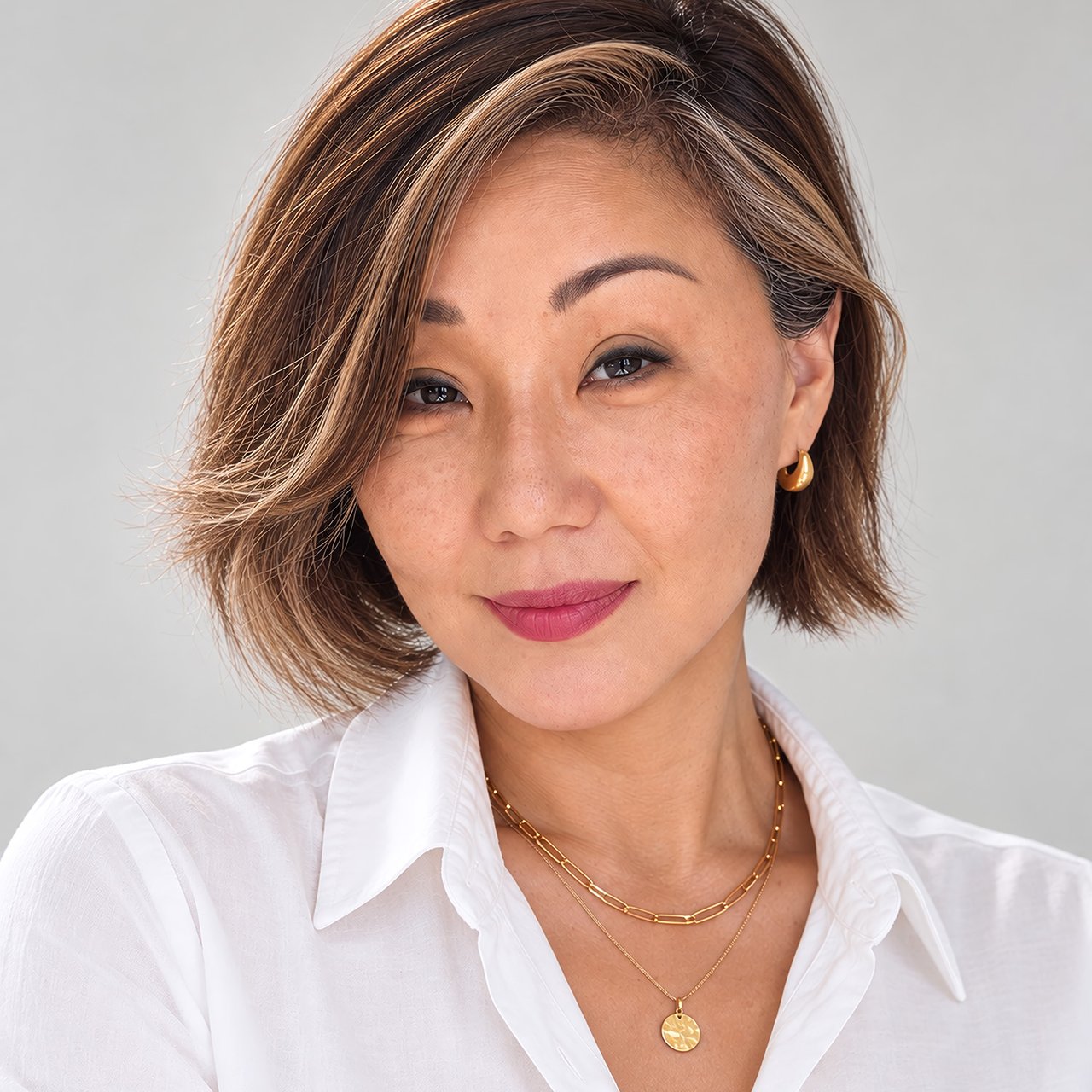 Soojin Choi wearing a white shirt and gold jewelry.