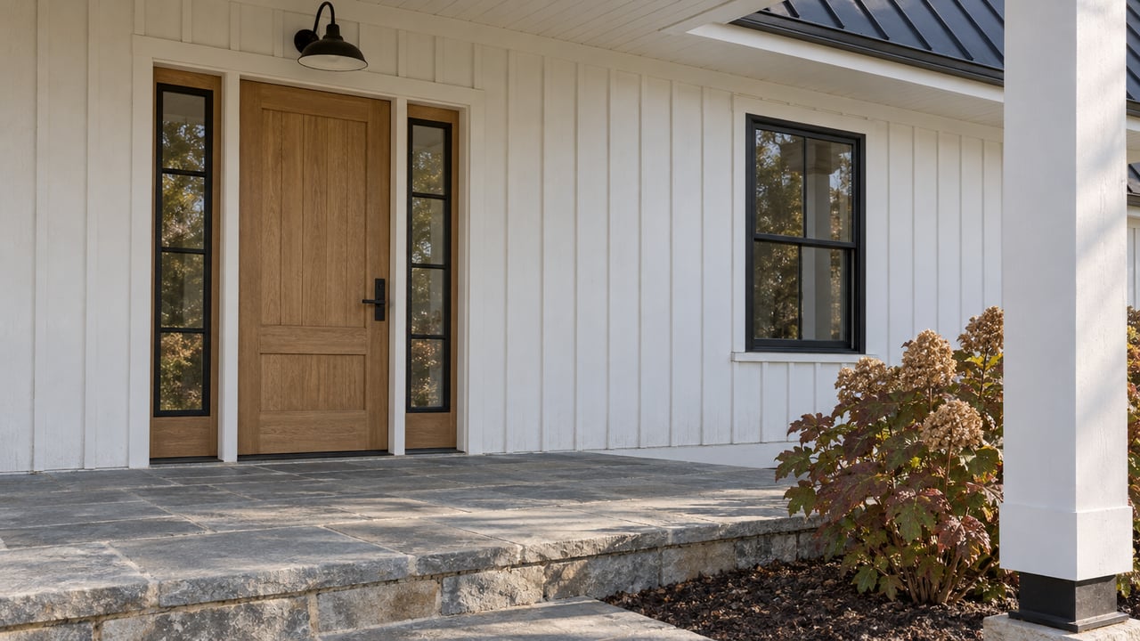 Sunlit covered porch with a wood entry door, black-framed sidelights, white board-and-batten siding, and a stone floor beside an oakleaf hydrangea.