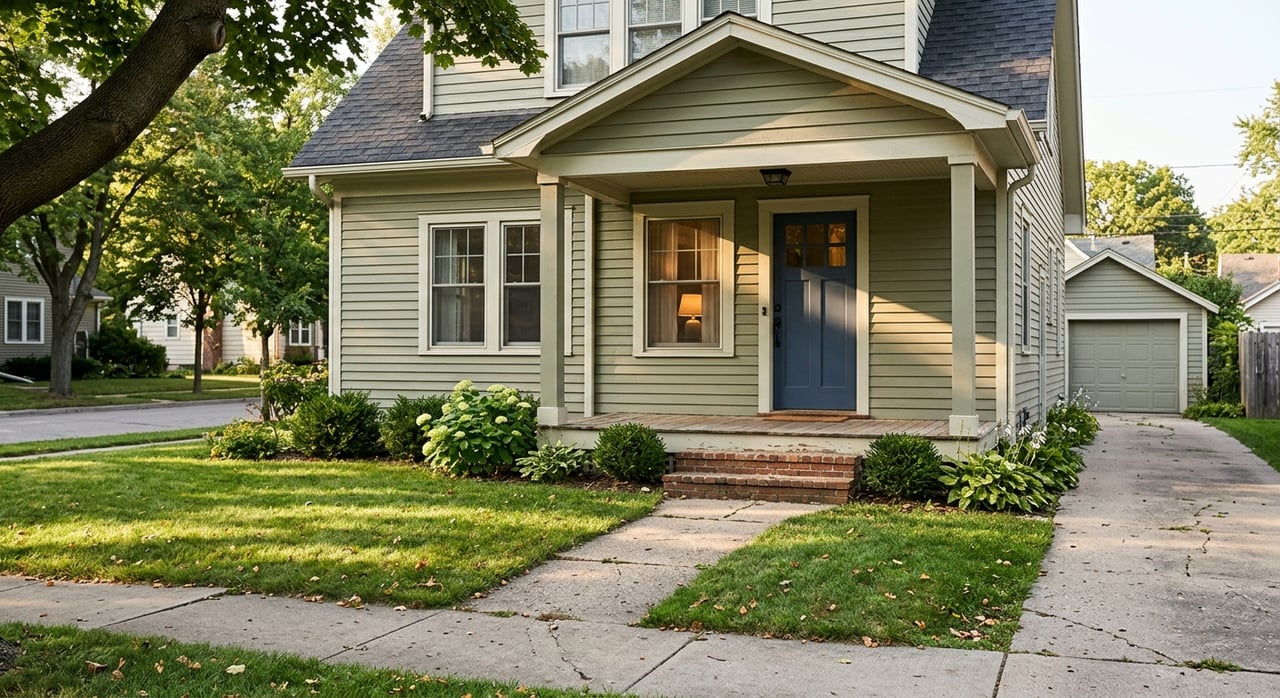 Off-white clapboard house with a covered porch, red brick steps, and a centered walkway through the lawn.