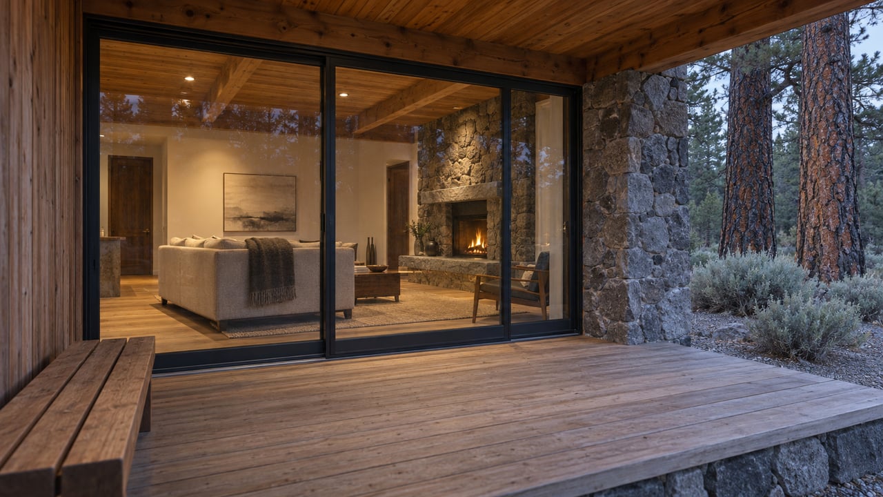 Timber-covered porch beside closed glass doors, with a warmly lit stone fireplace and sofa inside and pine trunks beyond the raised cedar deck.
