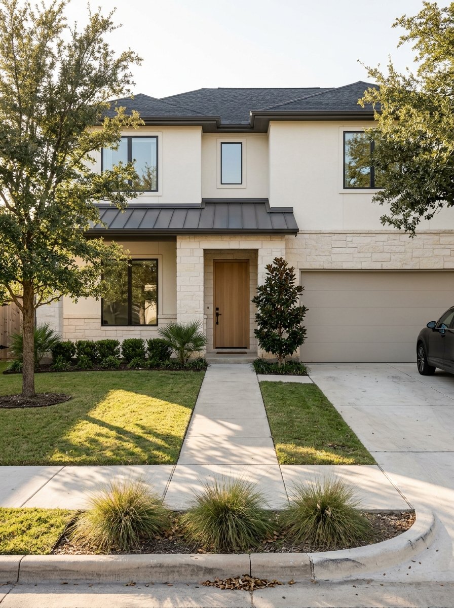 Two-story white stucco house with stone accents, a wood front door, and a straight walkway.