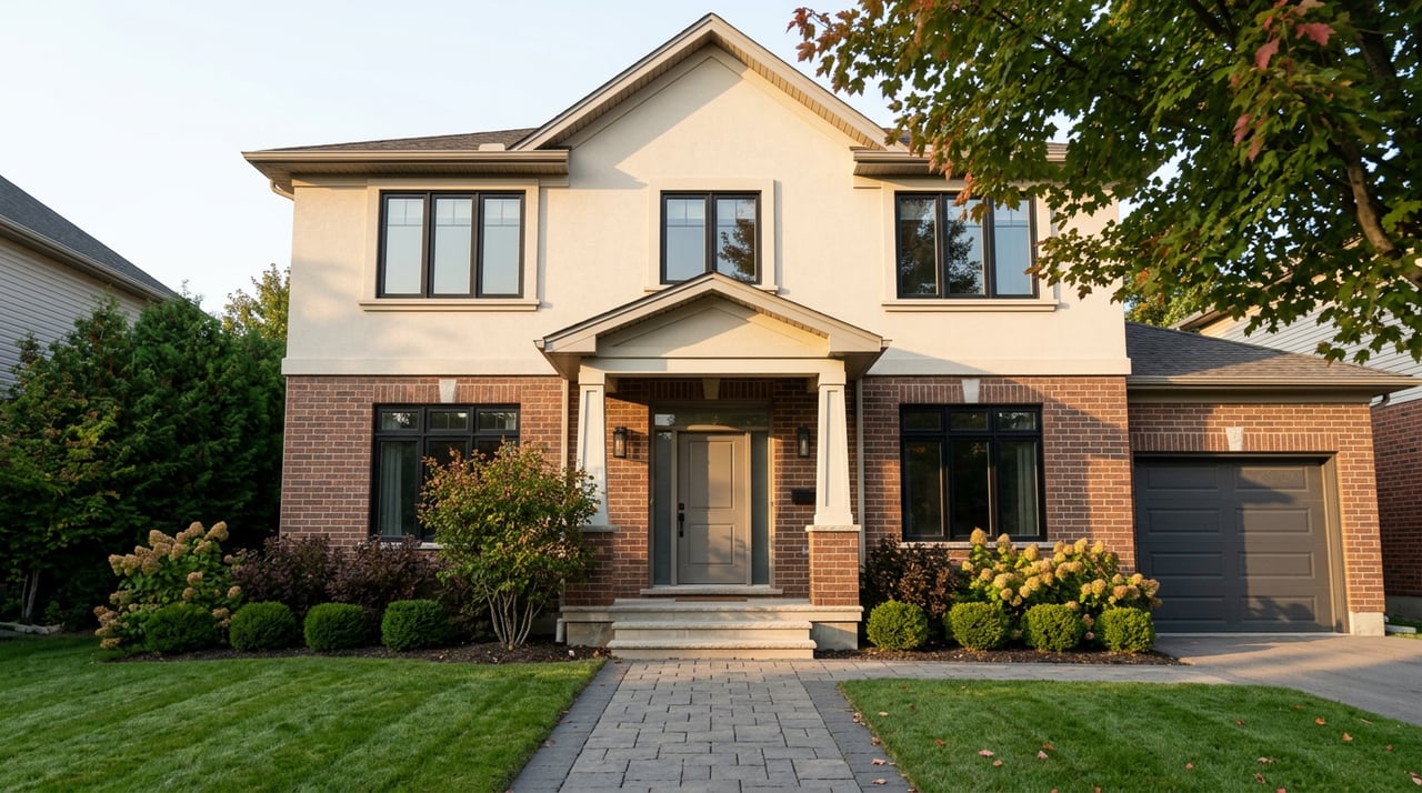 Symmetrical two-storey brick-and-stucco home with a covered entry, clipped shrubs, paver walkway, and maple canopy.