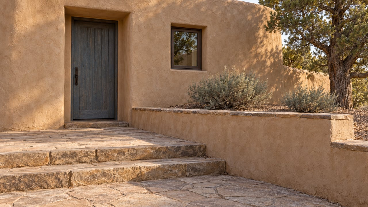 Sand-colored stucco home with a weathered blue-gray door, stone steps, and sparse plants behind a low terrace wall.