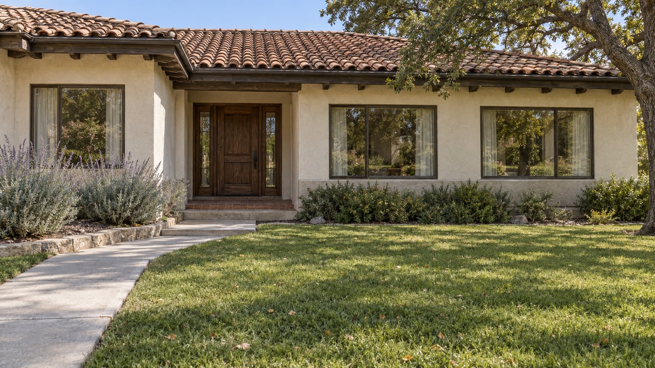 Established ivory-stucco home with a weathered clay-tile roof, oak entrance, deep front lawn and a mature valley oak.