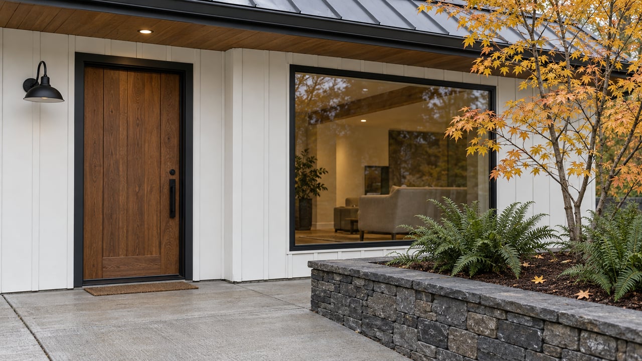 White board-and-batten home entrance with a wood door, dark-framed picture window and a stone planter holding a yellow-leaved maple and sword ferns.
