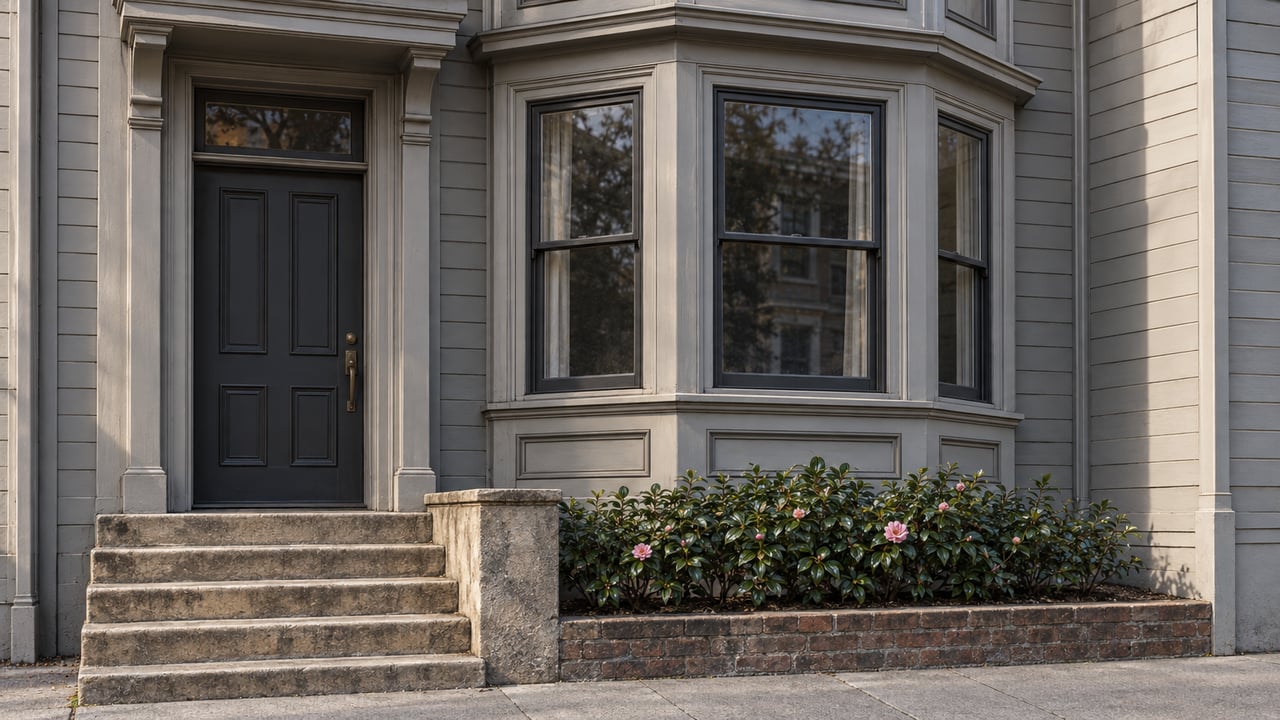 Attached apartment facade with a glazed entry, projecting bay windows, worn stone steps, and a pruned camellia.