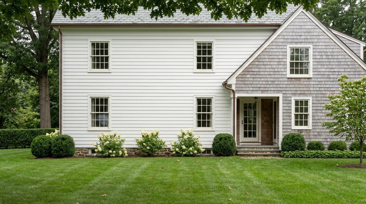 White Colonial with a silver-gray shingle gable, fieldstone foundation, and clipped lawn.