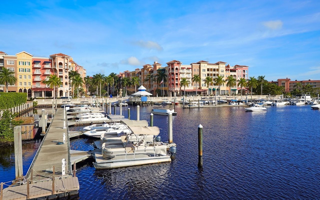 Waterfront marina with moored boats, palm-lined shore, and colorful multi-story buildings.