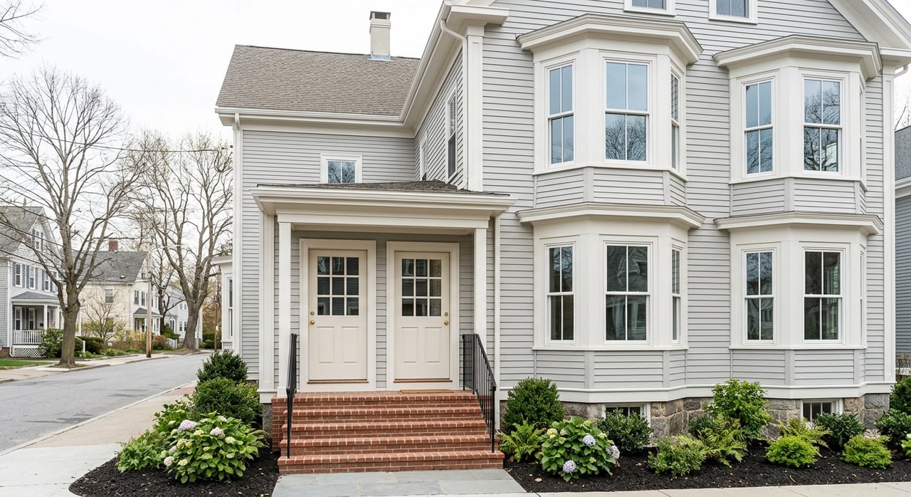 White multifamily facade with twin gray entry doors, brick stoop, bay windows, and foundation plants.