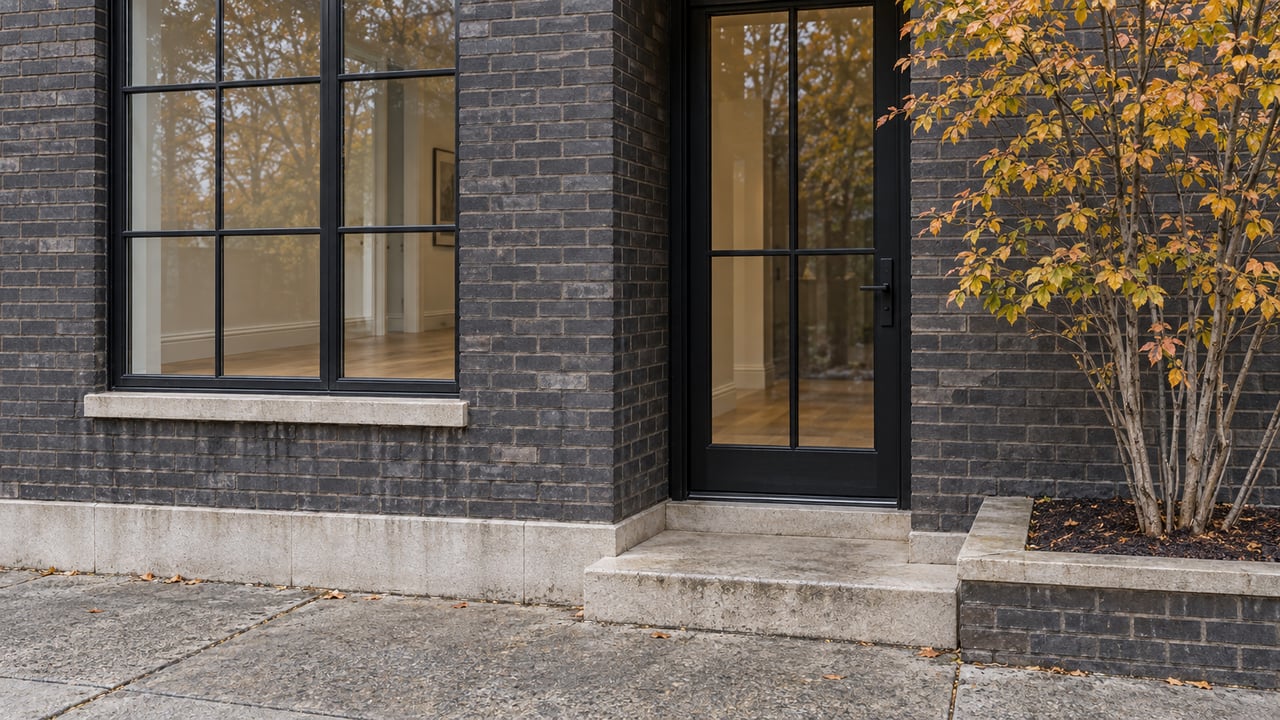 Dark brick residence with a closed steel-framed glass door, limestone step, and amber-leaved tree in a raised bed.