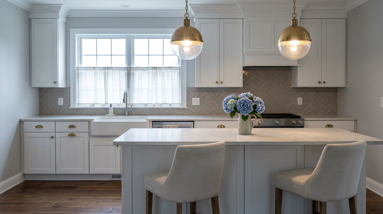 White shaker kitchen with a quartz island, brass pendants, herringbone backsplash, and blue hydrangeas in a ceramic pitcher.
