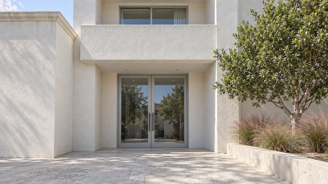 White-stucco residence with glazed double entry doors, a recessed balcony, limestone paving and a sculptural yaupon holly.