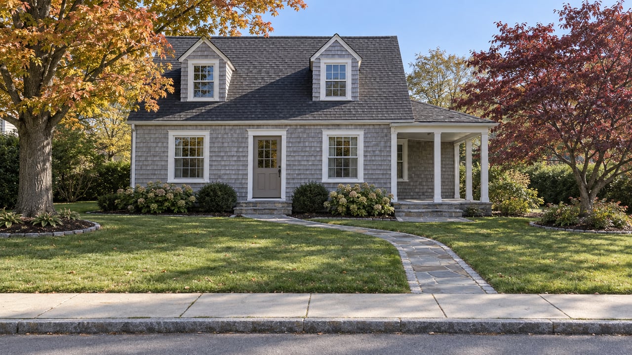 Weathered cedar-shingle home with white-trimmed dormers, a covered porch and a deep autumn lawn.