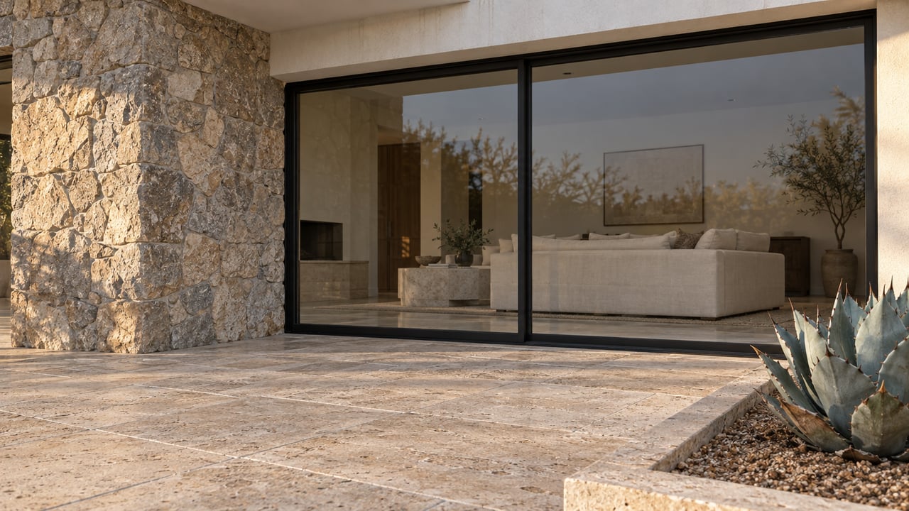 Low-angle view of a stone and white-plaster home opening onto a travertine terrace beside a blue-gray agave.