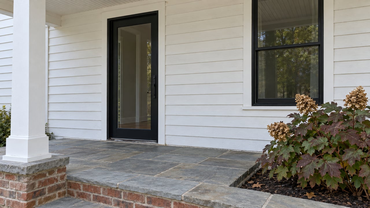 House entrance with a black-framed glass door, slate patio, brick steps, and white siding.