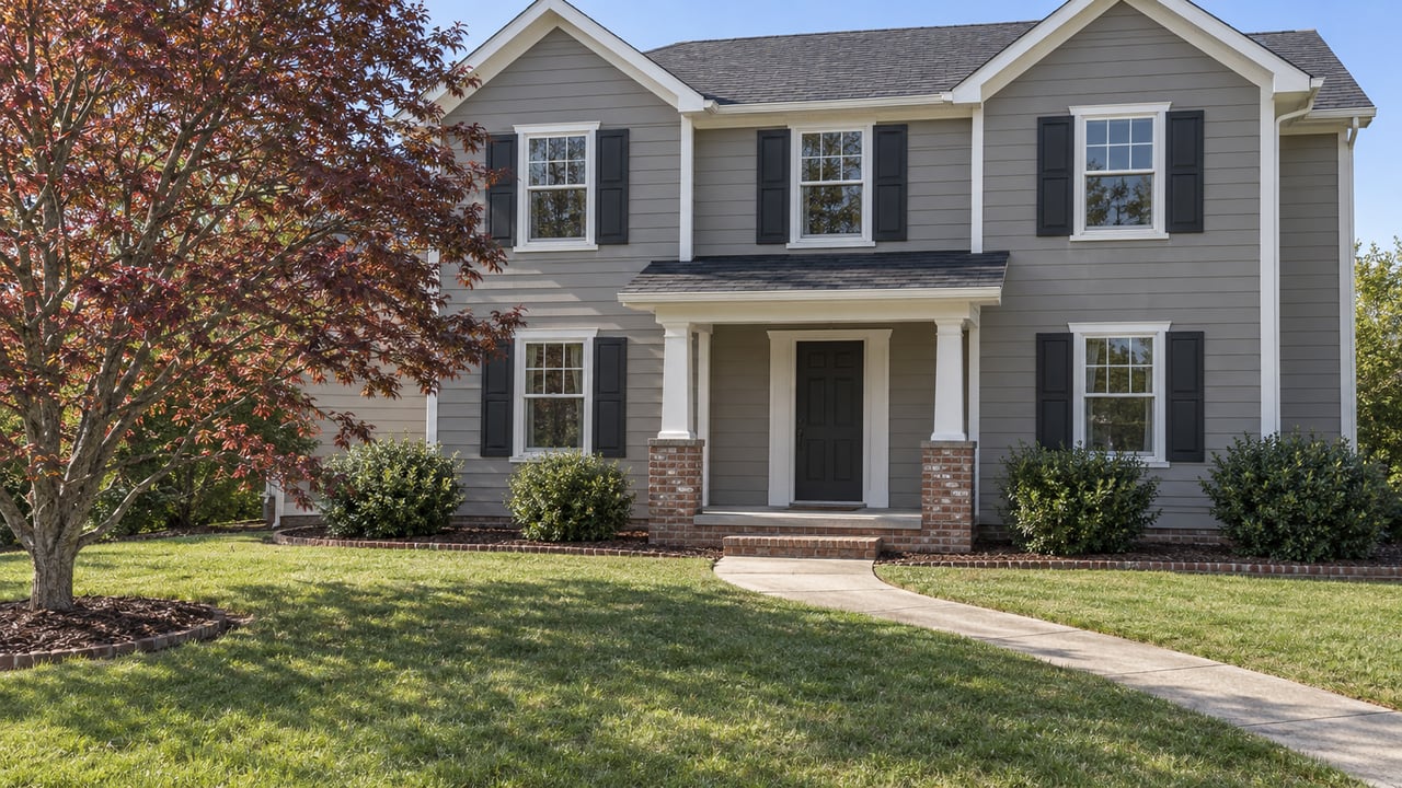 Two-story gray-taupe house with white trim, a modest brick-based porch, deep front lawn and a dogwood with early autumn foliage.