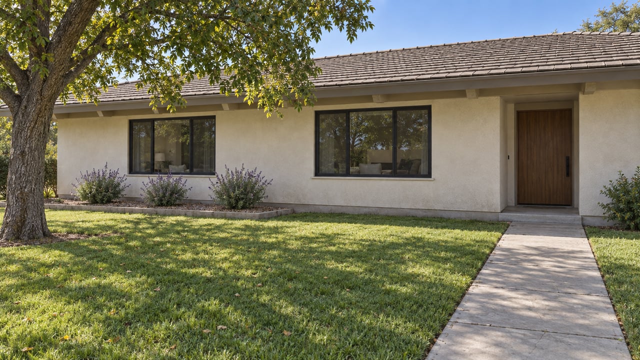 Single-story ivory stucco home with a low tile roof, black-framed windows, and a deep green lawn shaded by a mature pecan tree.