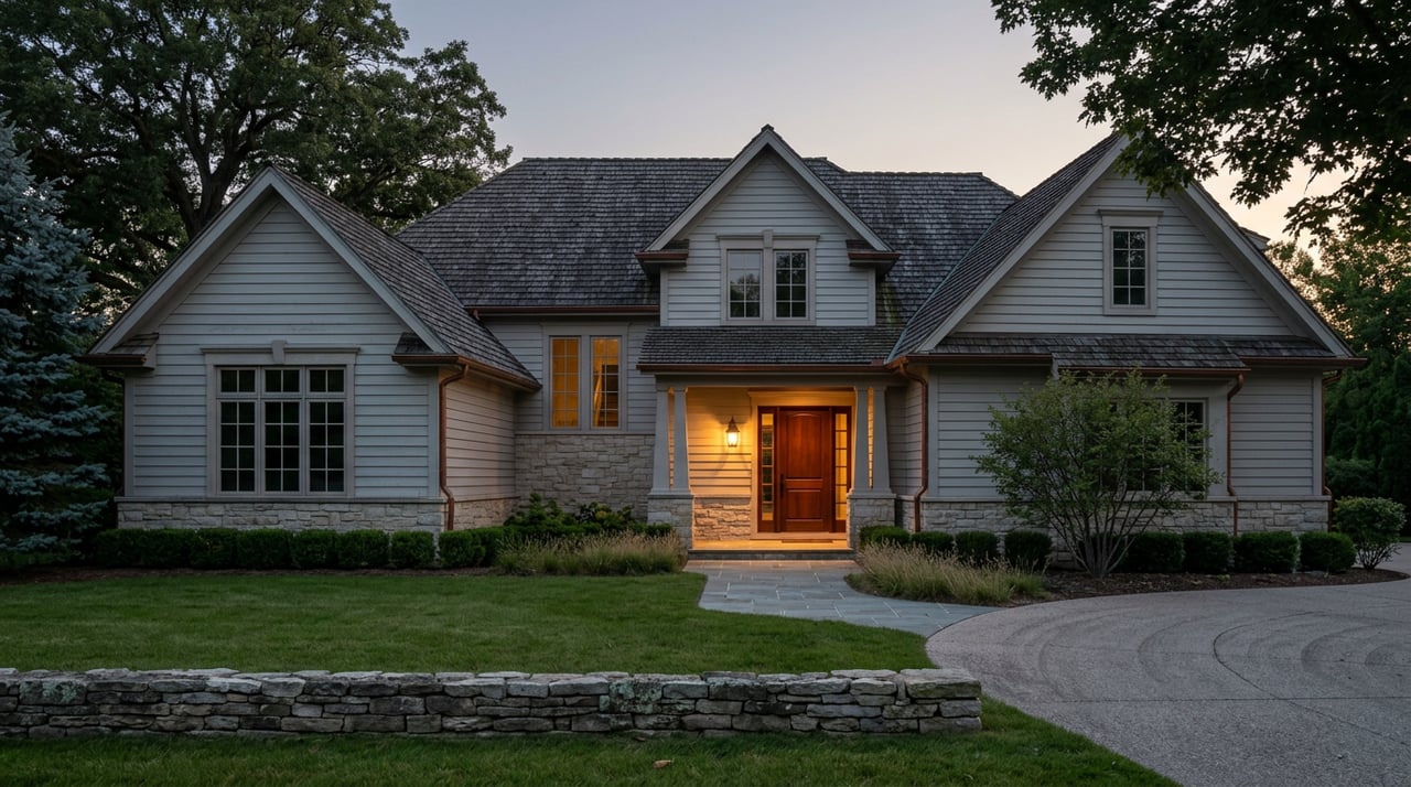 Large detached home with stone portico, glowing windows, and curving motor court at dusk.