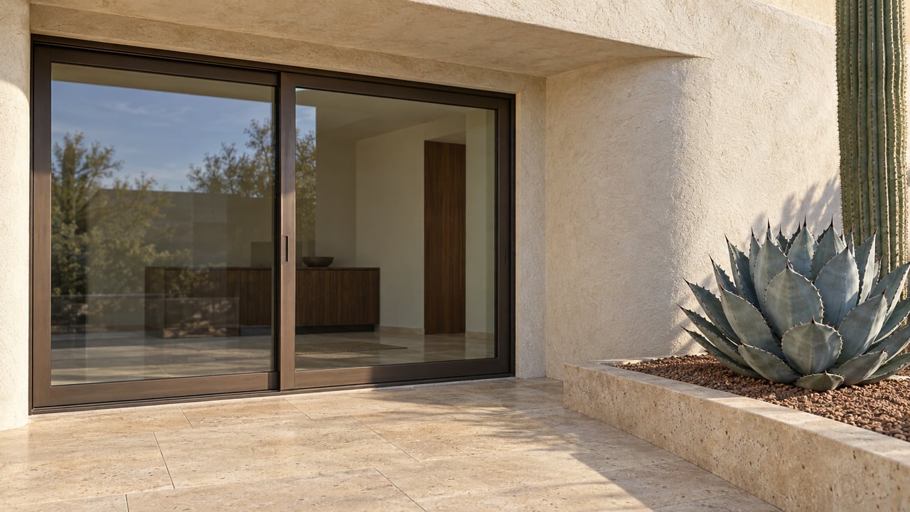 Warm stucco terrace corner with bronze-framed glass doors, limestone paving and a blue-gray agave in a stone-edged gravel bed.