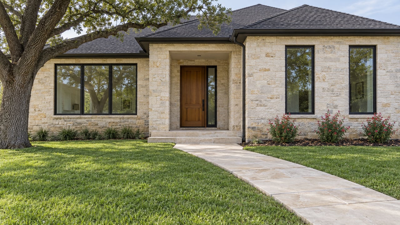 Cream limestone home with charcoal roof, black-framed windows and a timber entrance beyond a broad lawn and stone walk beneath a mature oak.