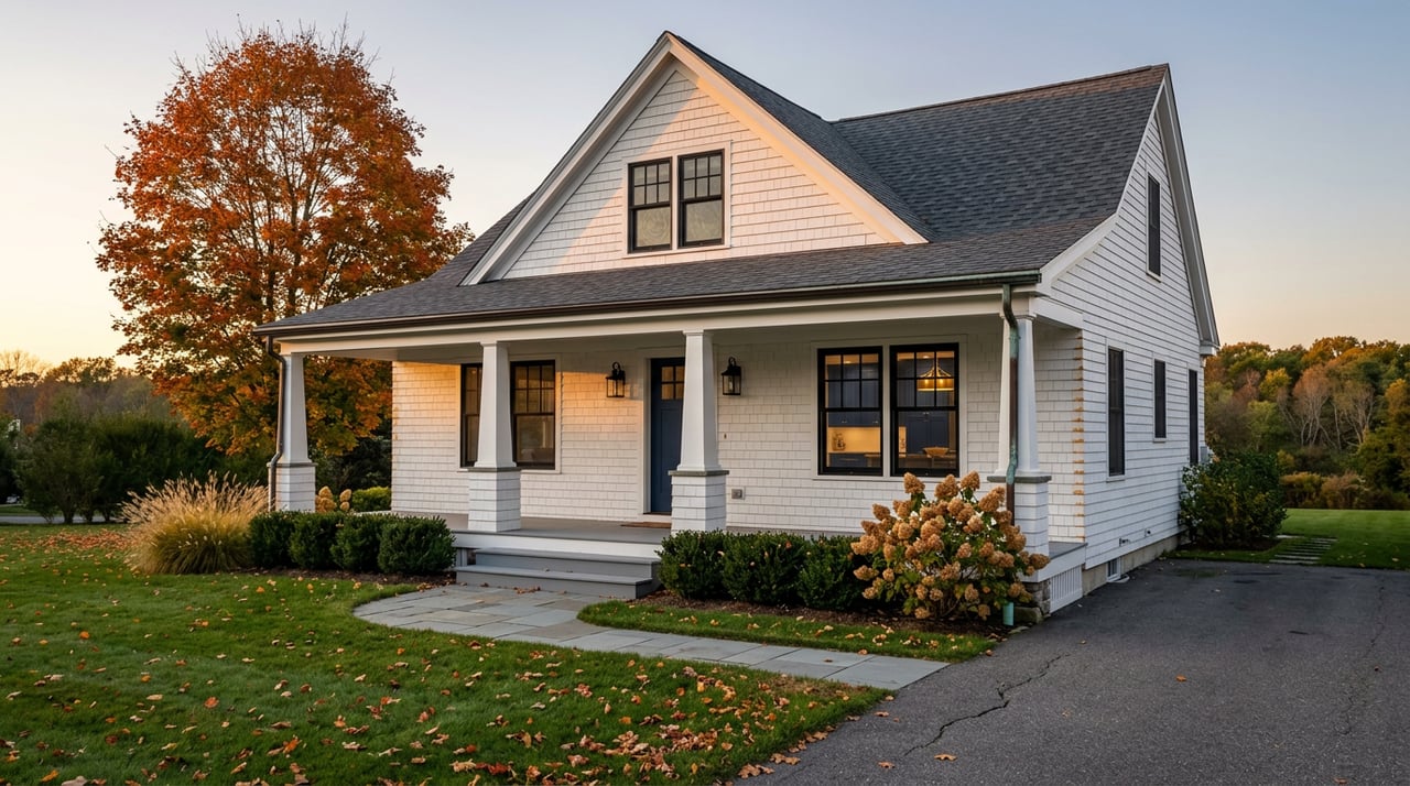White cedar-shingle home with a navy door, porch, and glowing window, beside an orange-red sugar maple.