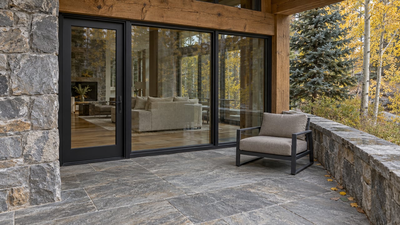 Timber and stone terrace with a cushioned outdoor chair, enclosed glazed living room, and gold-leaved aspens beyond a stone parapet.
