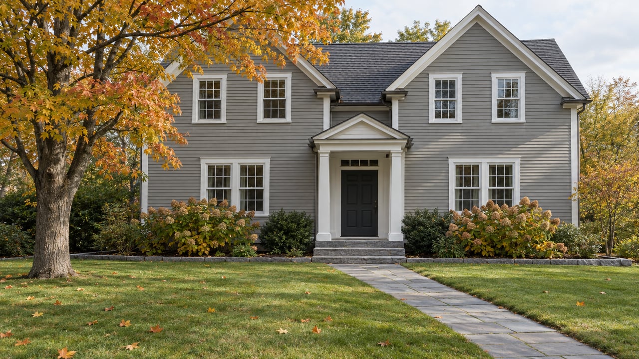 Gabled gray clapboard house with a white portico, deep front lawn, granite-edged planting beds and an amber sugar maple.