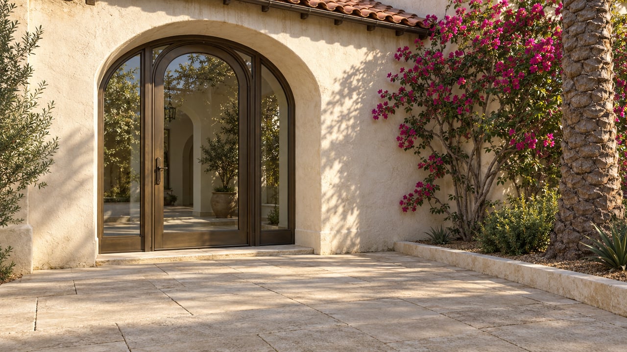 Luxury home entrance with arched glass doors, stone patio, and bright bougainvillea.