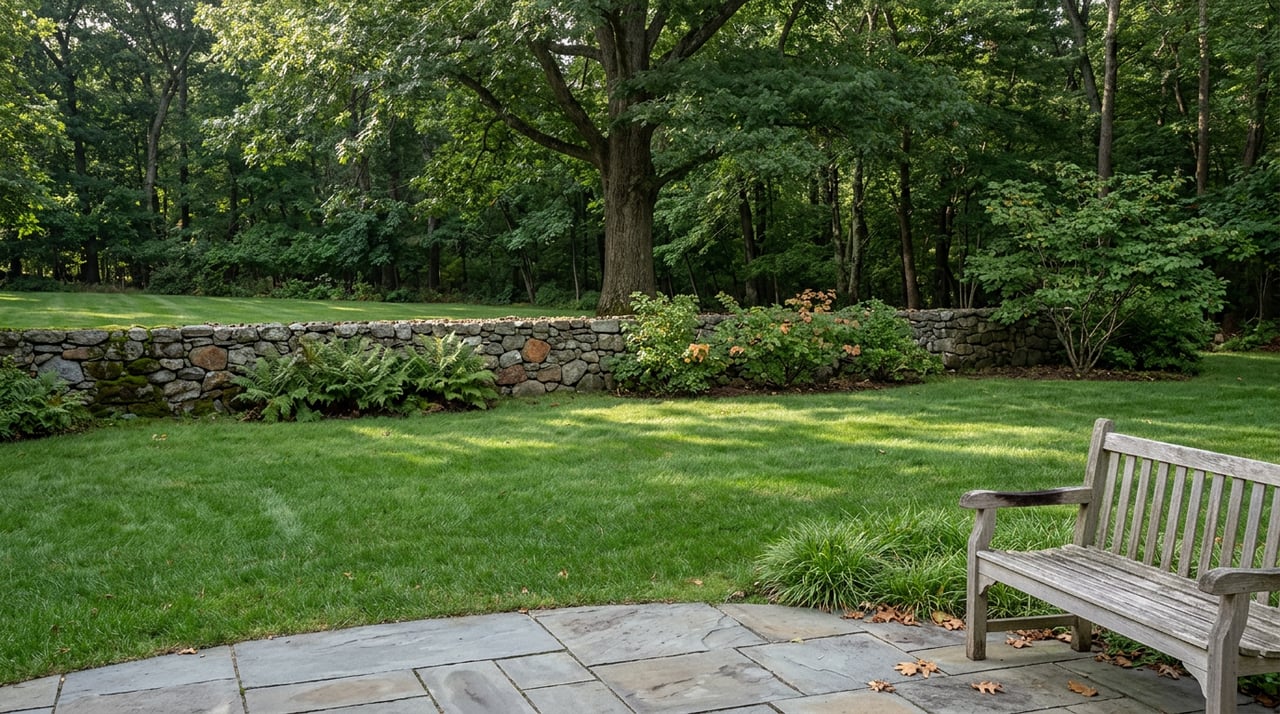 Bluestone terrace borders a lawn with a low fieldstone wall, oak tree, and dense woods beyond.