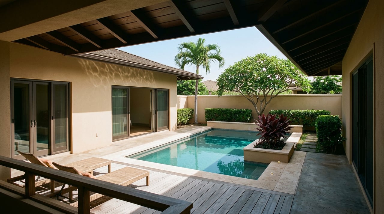 Enclosed courtyard pool viewed from a teak lanai, with rattan chairs, a royal palm, and plumeria.