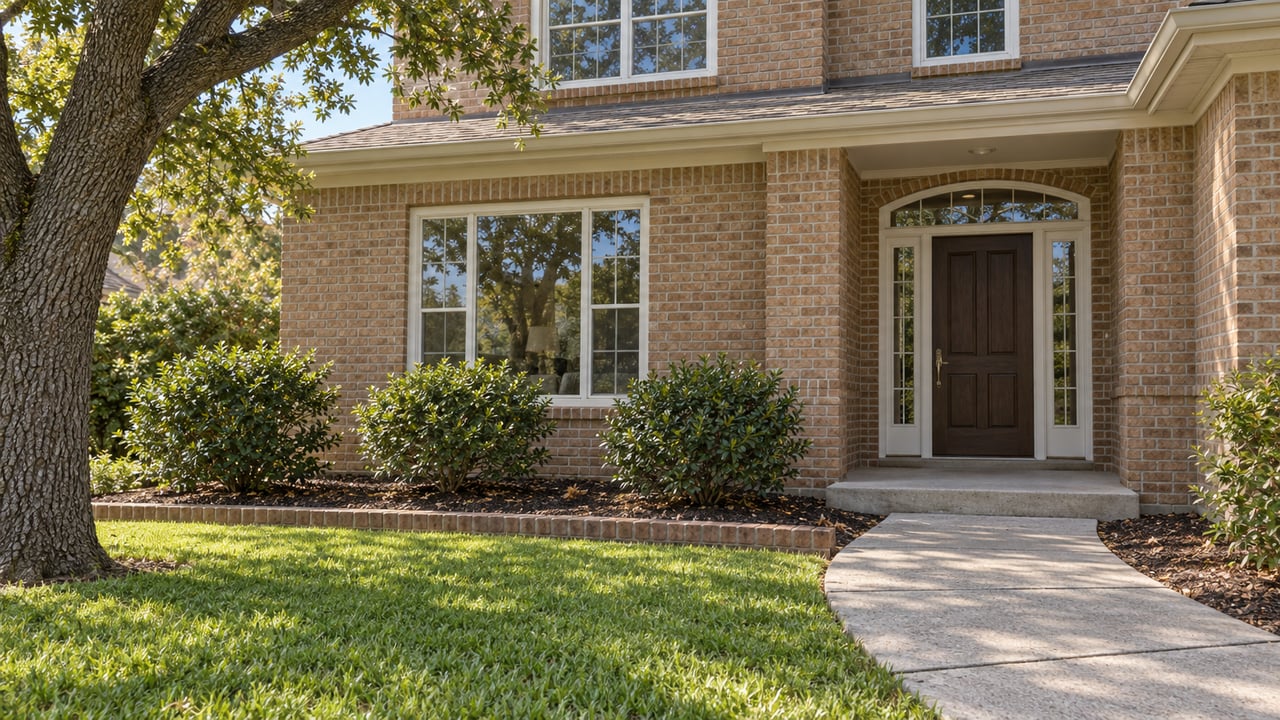 Warm brick home with a recessed dark timber entrance, white-framed windows, a curved concrete walk and a mature live oak.