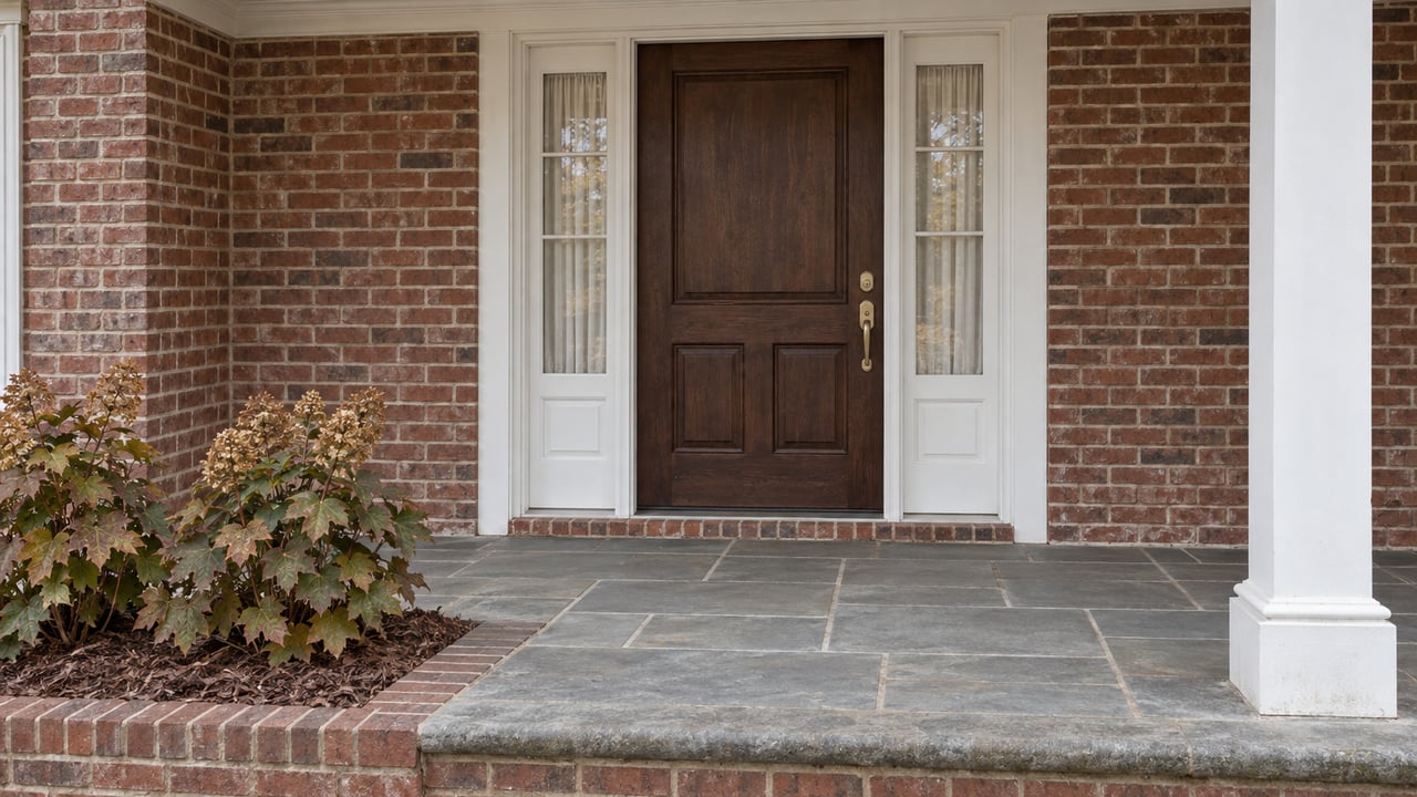 Covered brick-home entrance with a dark oak door, white-trimmed sidelights, gray flagstone steps and autumn oakleaf hydrangeas.