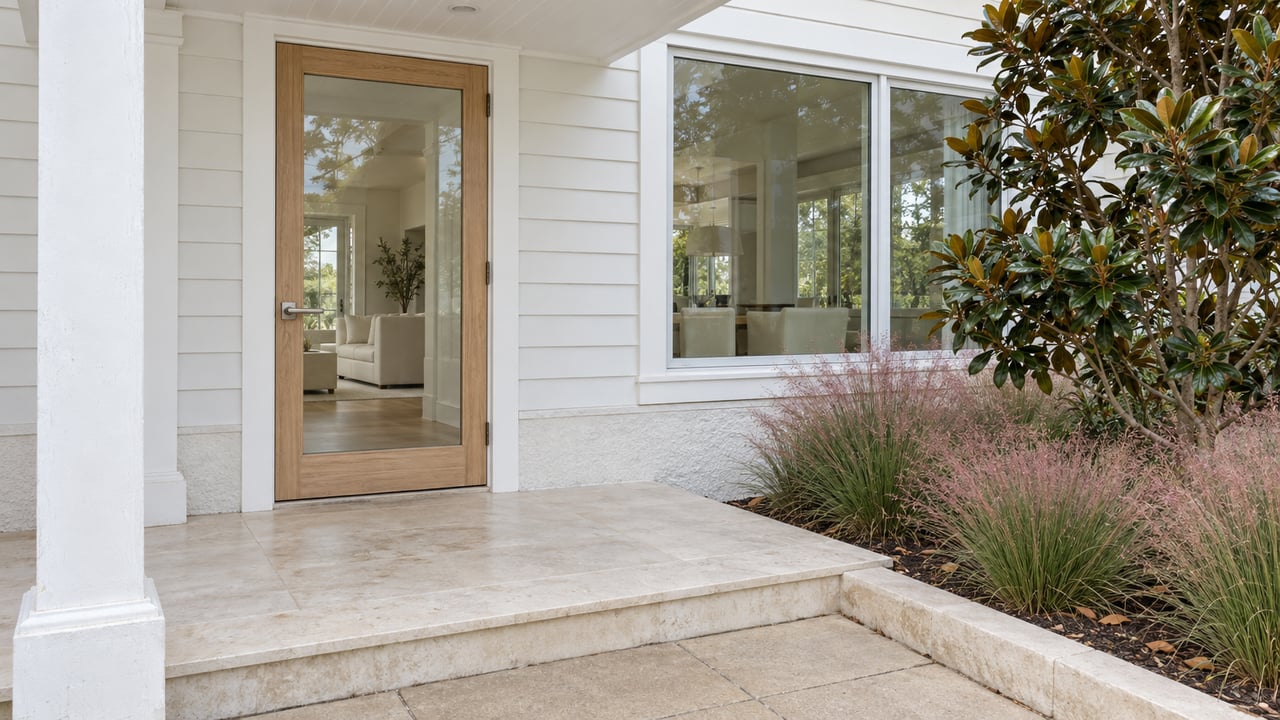 White coastal-style home's sheltered entry with a glazed pale-oak door, limestone steps, magnolia foliage and pink muhly grass.