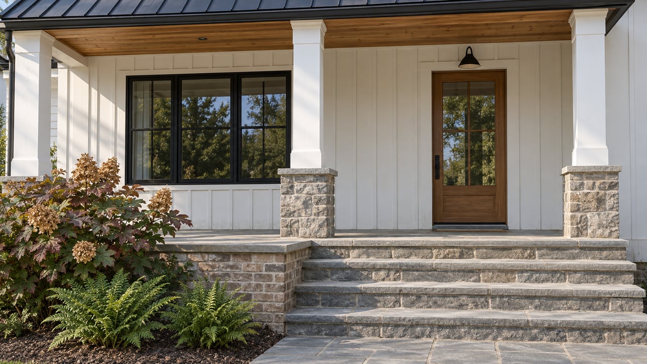 White board-and-batten home with a wood-lined covered porch, black-framed glazing, gray stone steps and oakleaf hydrangea beside a brick retaining wall.