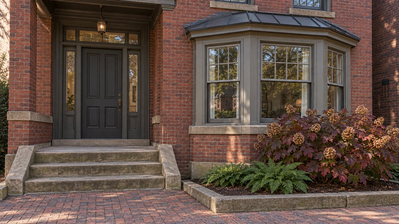 Red-brick home with a sheltered dark timber entry, worn sandstone steps, a projecting window bay and autumn oakleaf hydrangea.