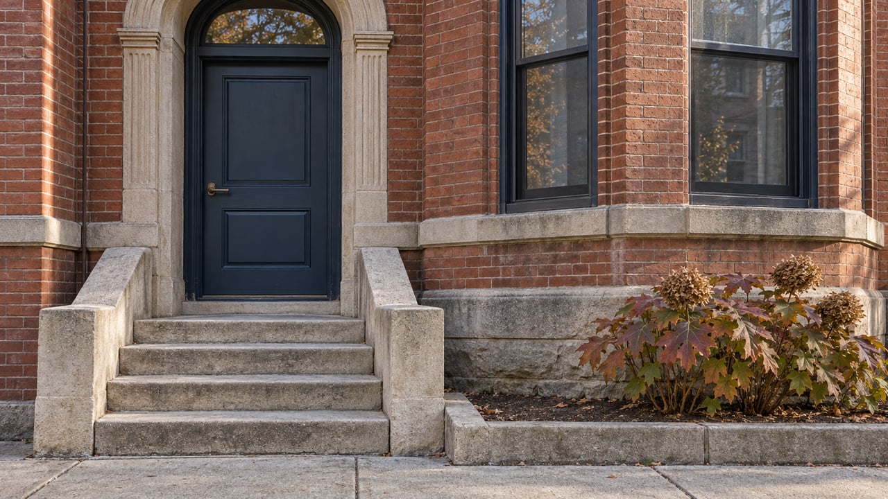 Worn limestone entry steps beside a deep blue door and red-brown brick bay, with copper oakleaf hydrangea leaves.