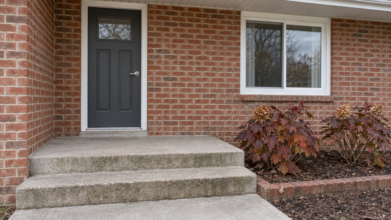 Close view of a red-brown brick home's covered entry, charcoal front door, white-framed window and concrete steps beside autumn oakleaf hydrangeas.