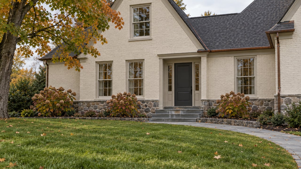 Cream-painted brick home with a steep charcoal gable, fieldstone foundation, bluestone entry steps and an autumn lawn beneath a mature sugar maple.