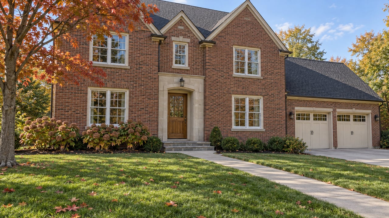 Autumn sunlight falls across a deep front lawn and a brick home with steep gables, pale stone entry trim and red maple foliage.