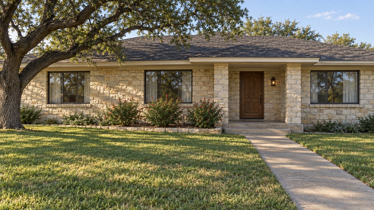 Older limestone ranch home with a low charcoal roof, recessed oak entry and a broad lawn shaded by a mature live oak.
