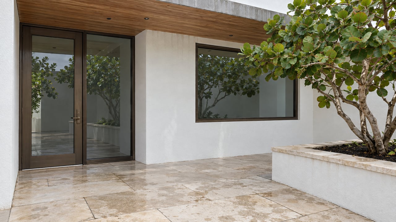 A contemporary coastal home's recessed glass entry beneath a warm wood soffit, with limestone paving and a sea grape tree in a raised masonry planter.